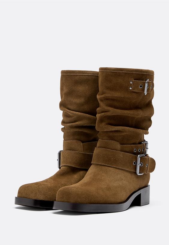 flat leather buckle ankle boots