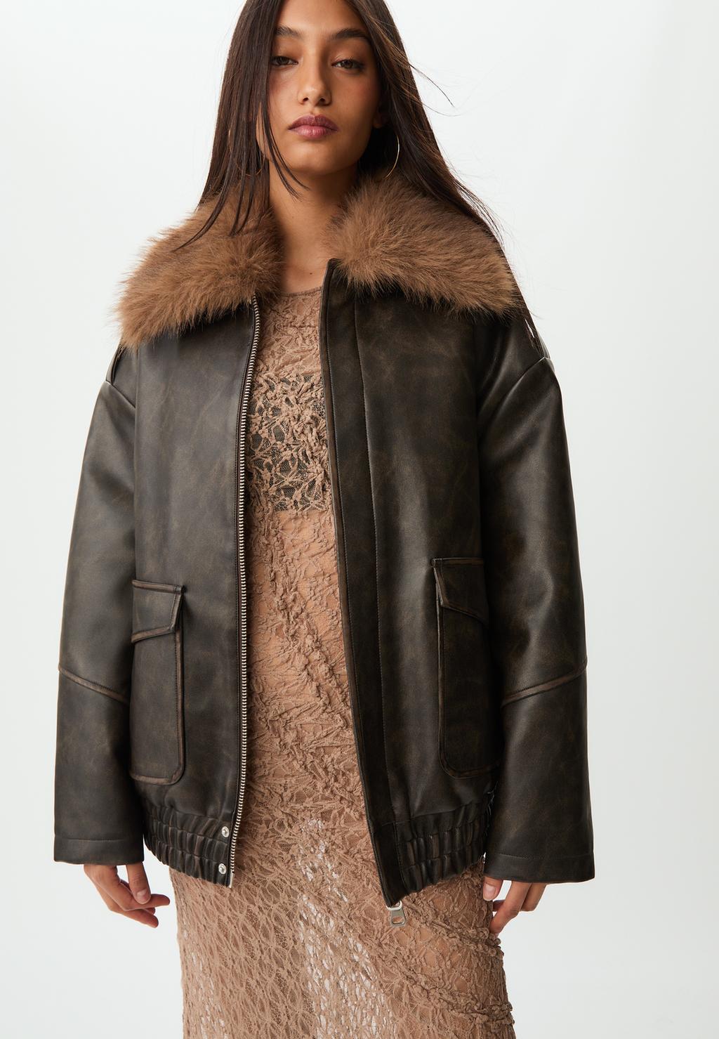Oversize contrast leather effect jacket