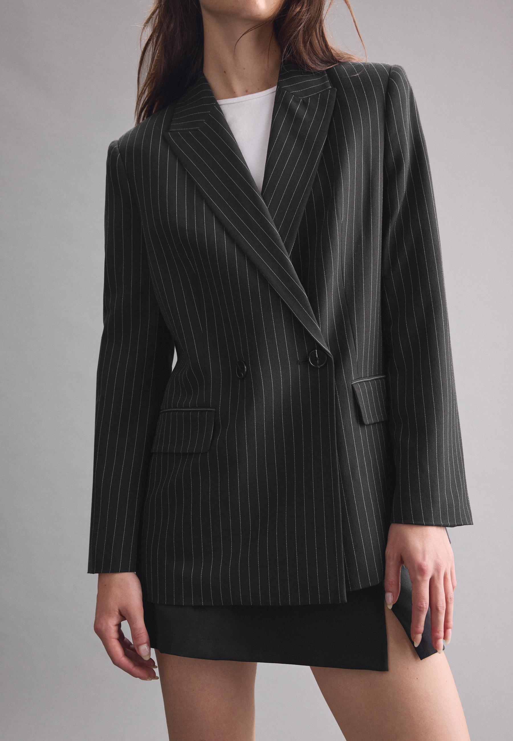 Straight striped button blazer — Black