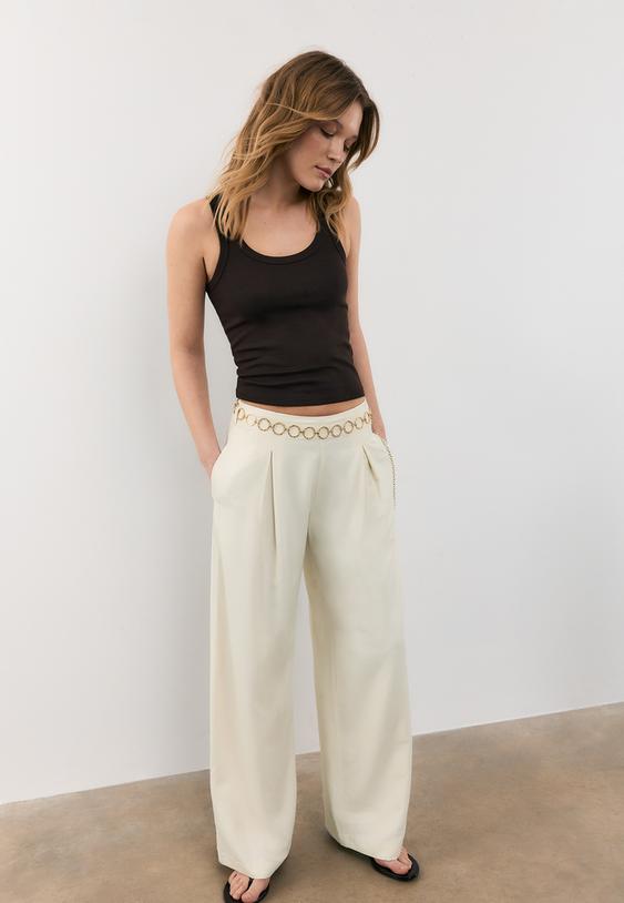 Stradivarius Satin Trousers With Chain Detail Ecru 6