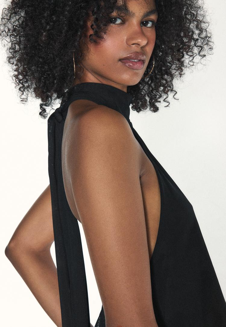 Printed tulle halter scarf top — Black