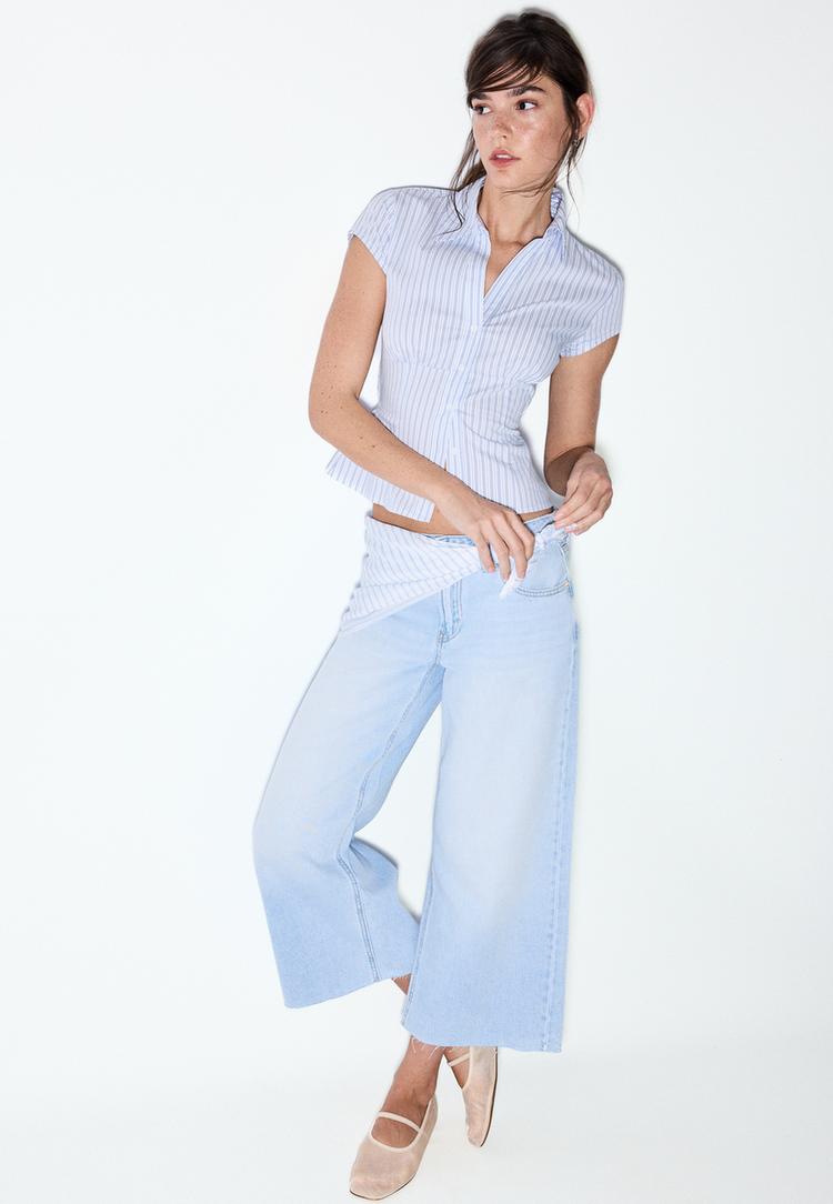 Stradivarius Τζιν Culotte Με Λεπτομέρεια Μαντήλι Γαλάζιο 34