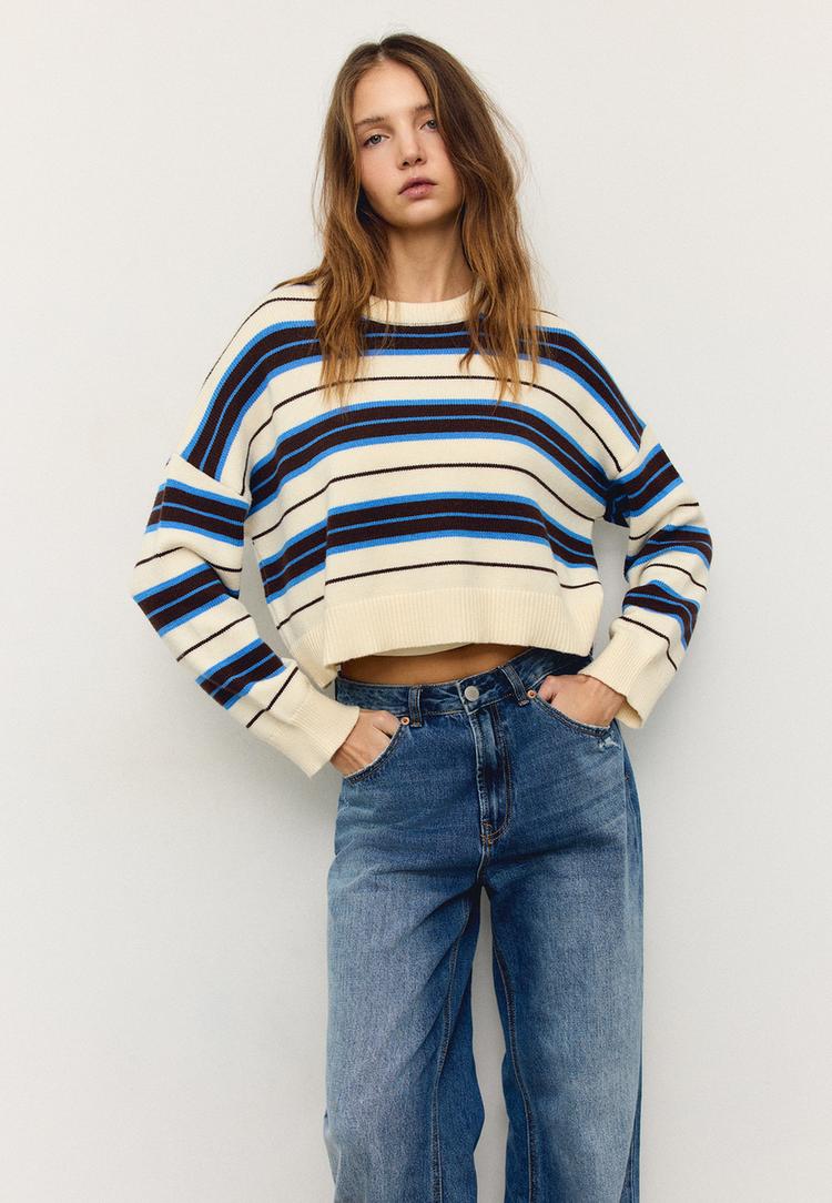 Stradivarius Κοντό Πλεκτό Πουλόβερ Ριγέ Καφέ M φωτογραφία