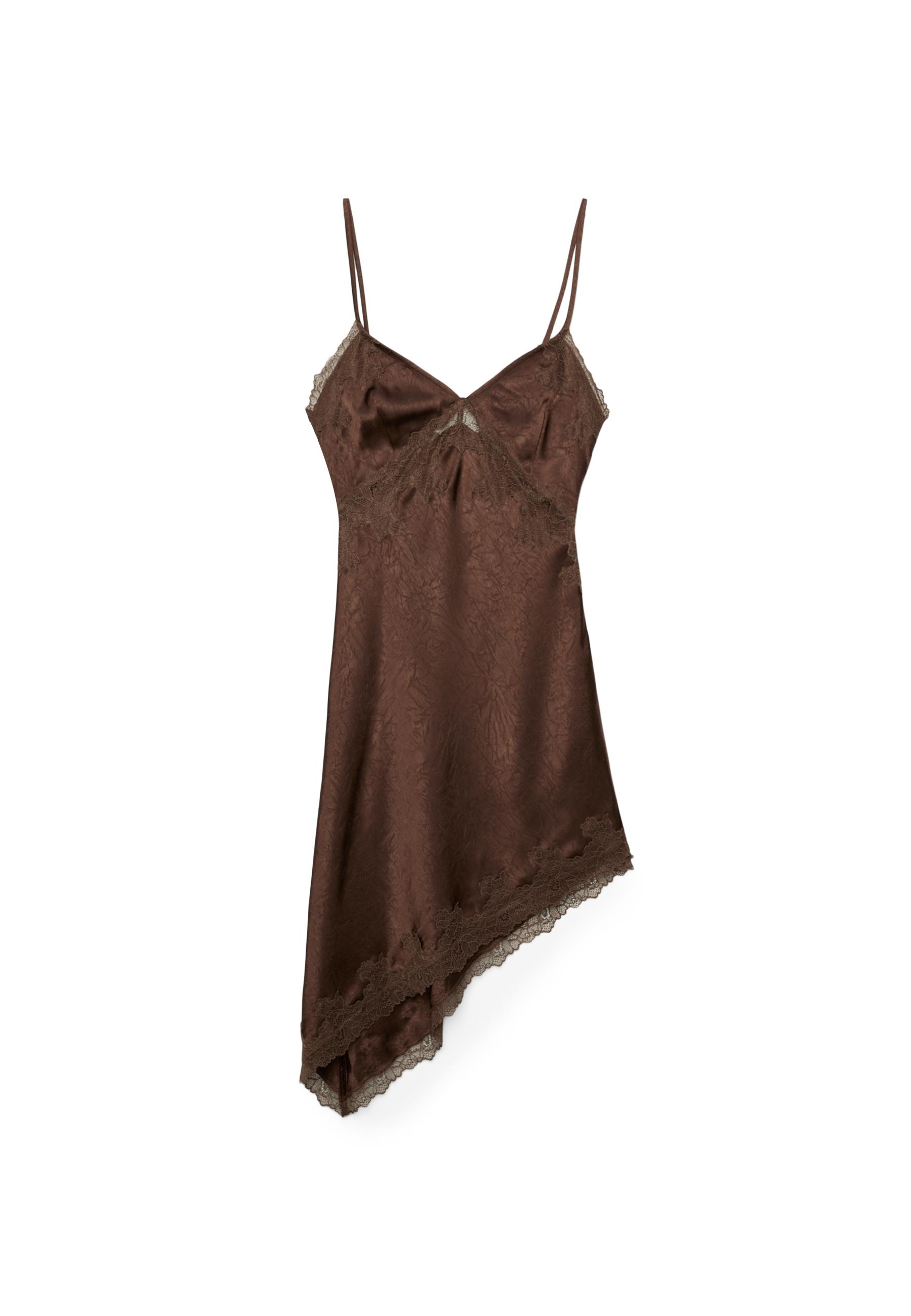 Short asymmetric satin dress — Brown (alternate view)