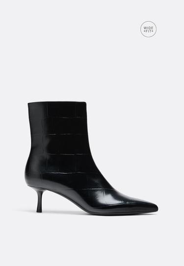 Wide-leg crocodile-effect kitten heel ankle boots — BLACK  1
