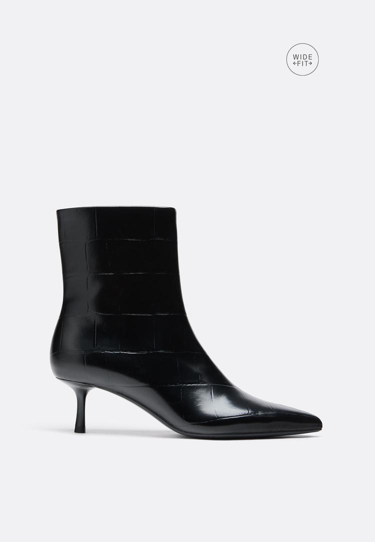 Wide-leg crocodile-effect kitten heel ankle boots — BLACK 