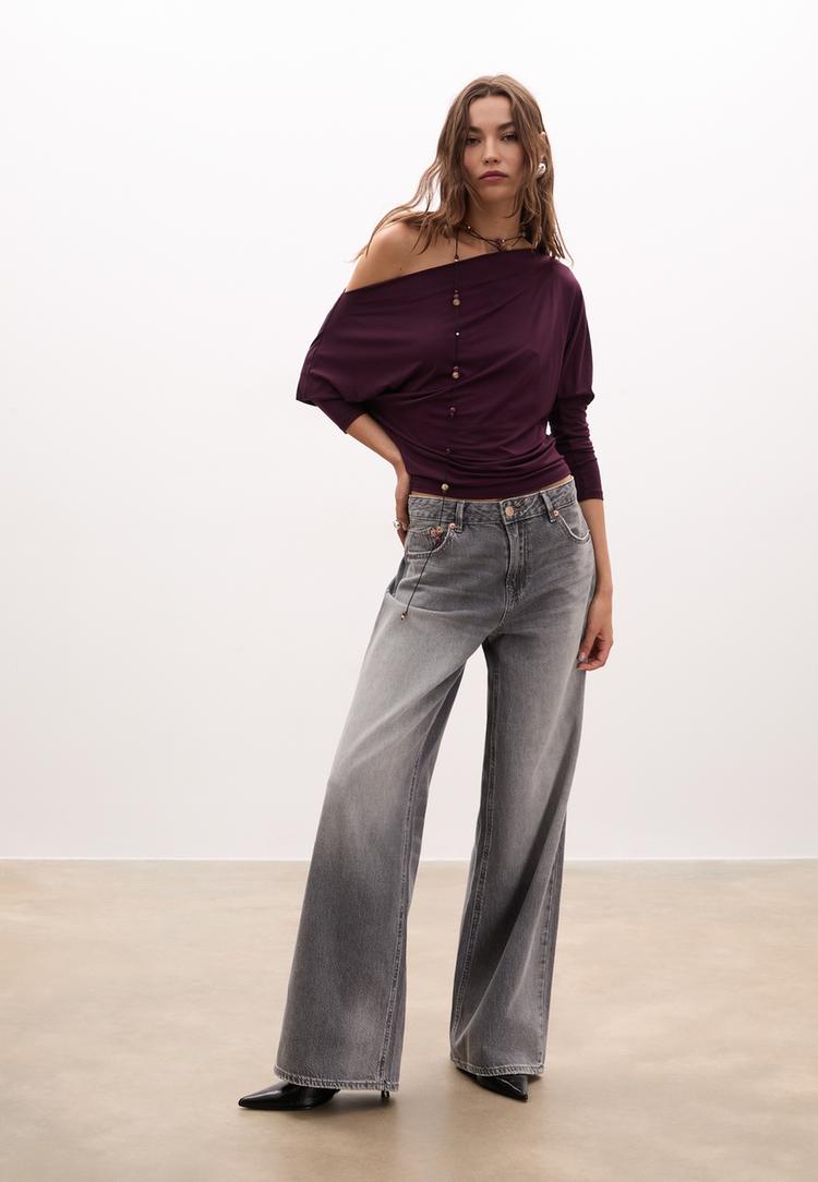 Stradivarius Tricou Asimetric Modal Mov M