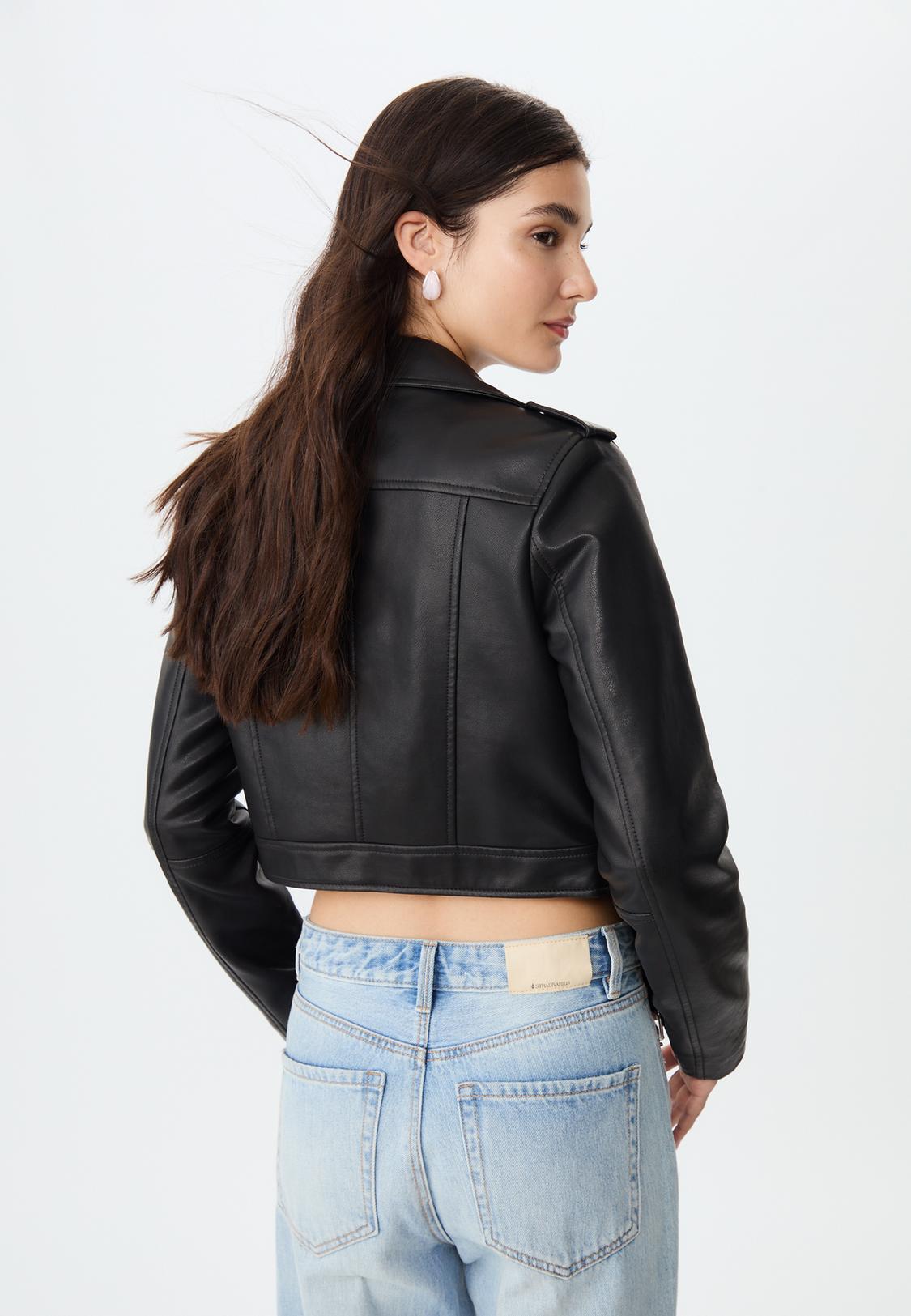 Stradivarius Cropped Faux Leather Puffer Jacket Faux Leather Biker