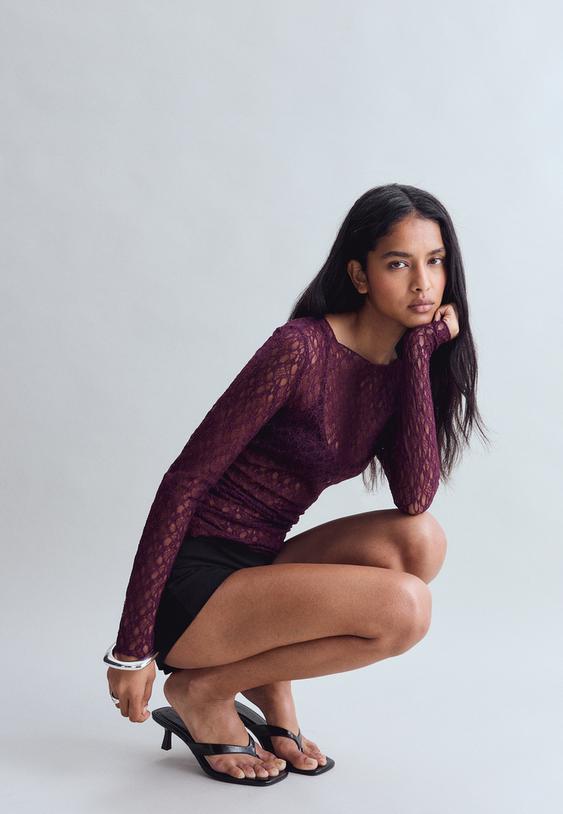 Stradivarius T-Shirt Van Kant Met Lange Mouw Purper M
