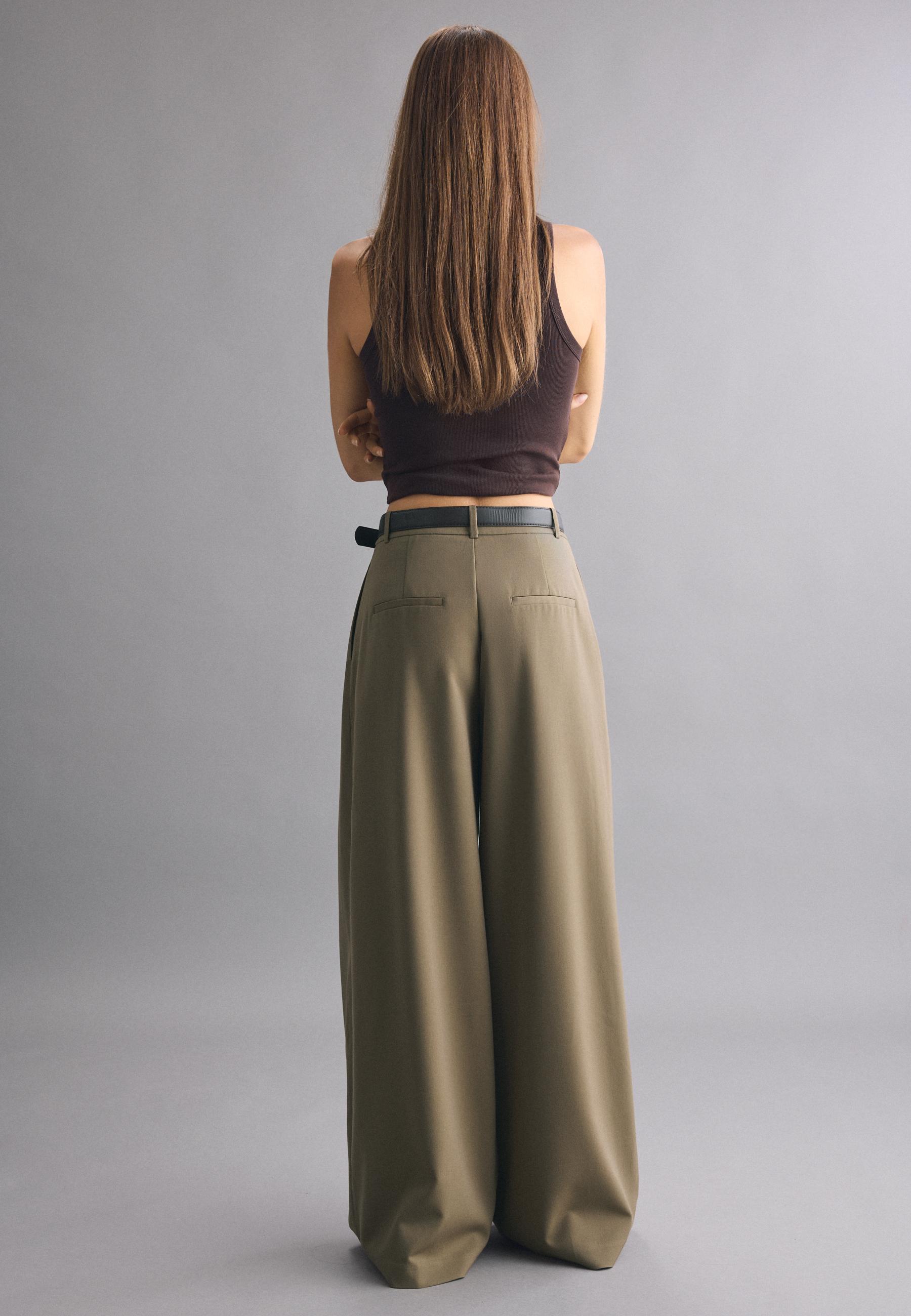 Wide-leg darted trousers with belt — Khaki