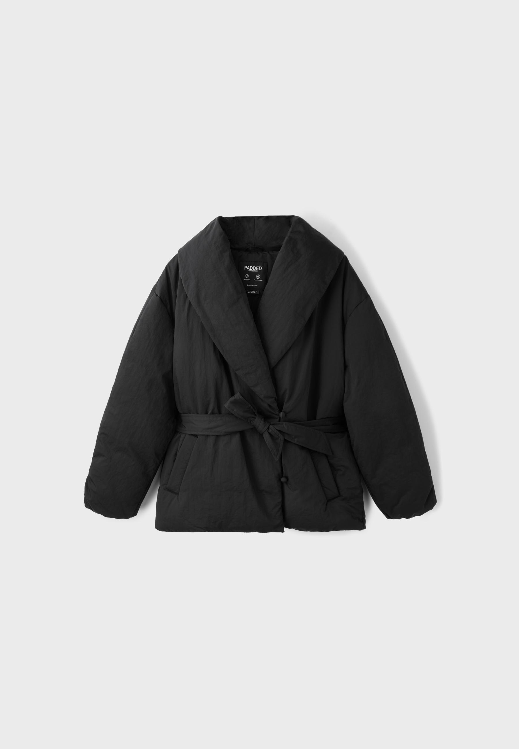 Padded jacket with shawl neck and belt — Black