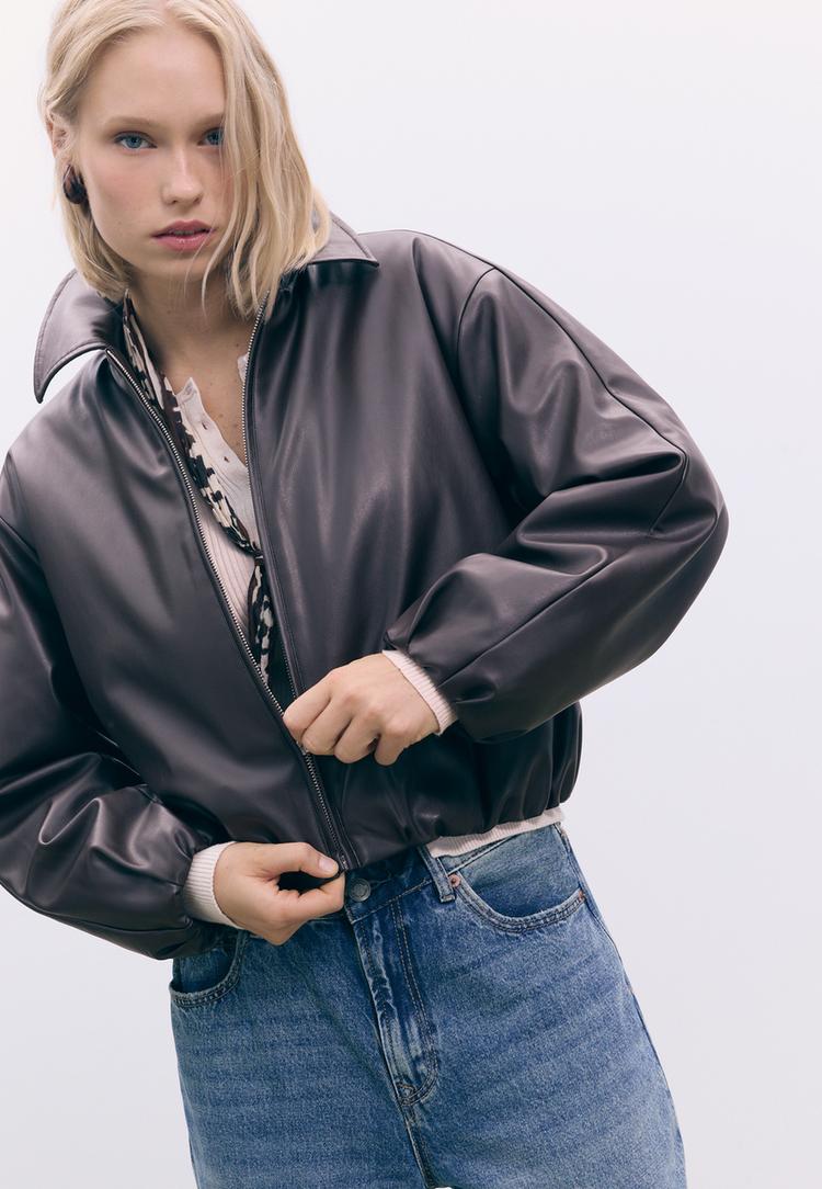 faux leather quilted bomber jacket