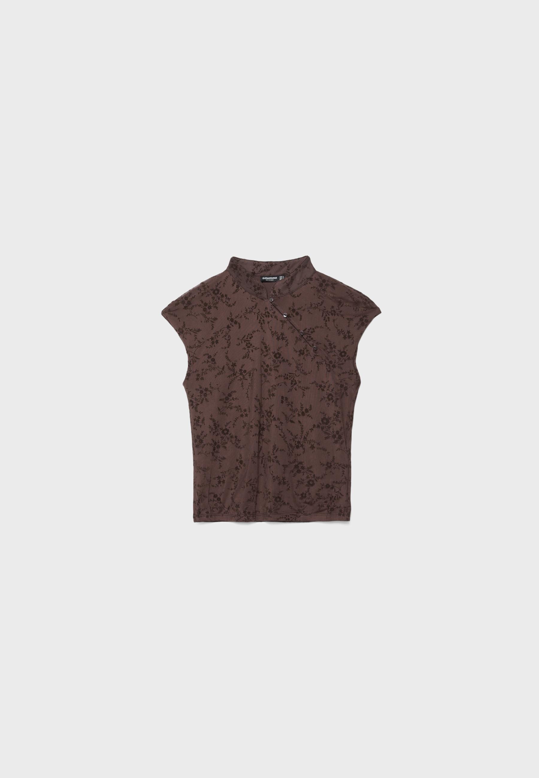 Flocked stand collar T-shirt — Brown