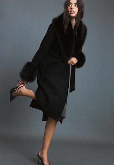 Wool-blend faux fur collar coat — Black 7