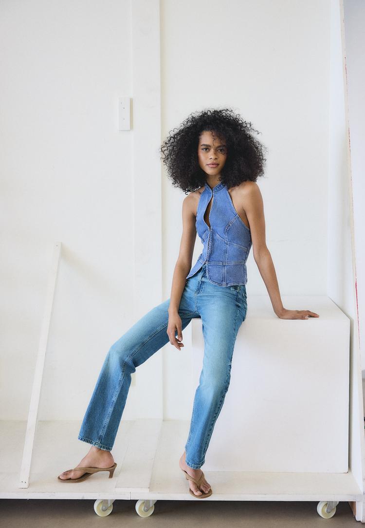 Stradivarius D98 Blugi Straight Fit Efect Prespălat Denim Albastru Mediu 44