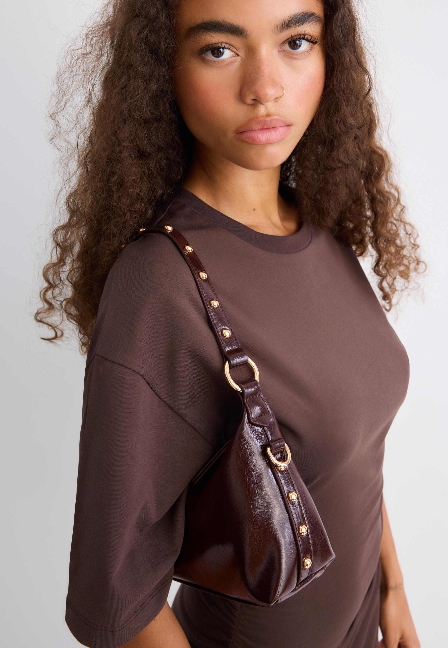 Studded half-moon shoulder bag — Brown