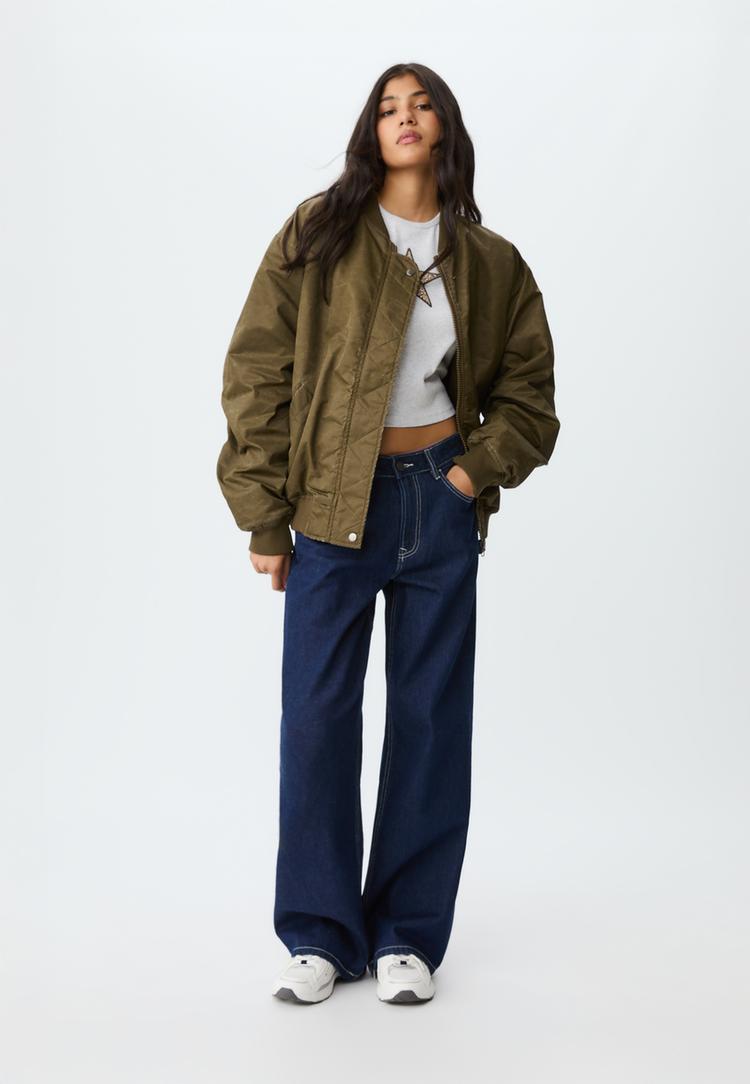 Stradivarius Geacă Bomber Aspect Prespălat Verde Măslină Xs