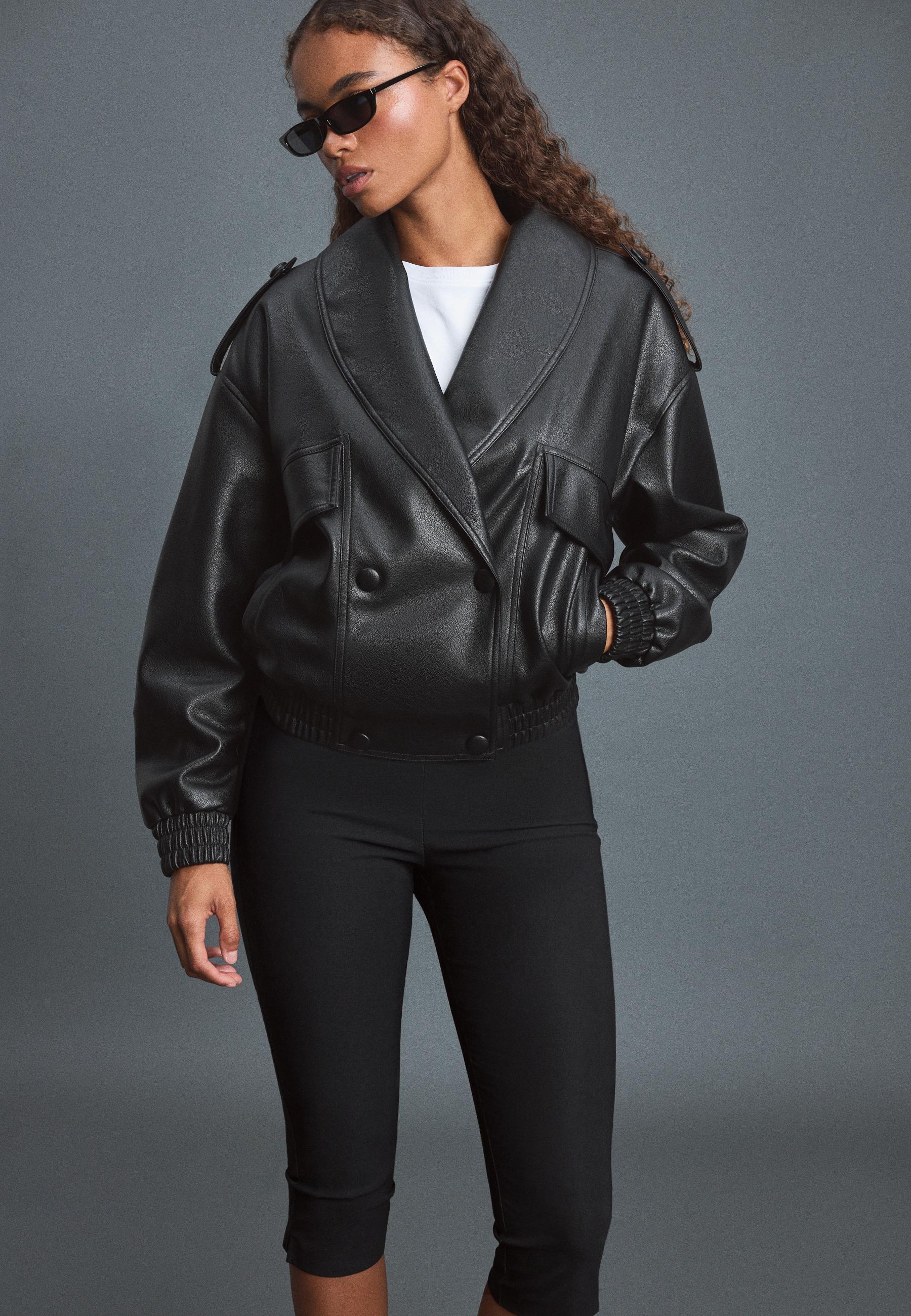 Quilted leather effect boxy jacket — Black
