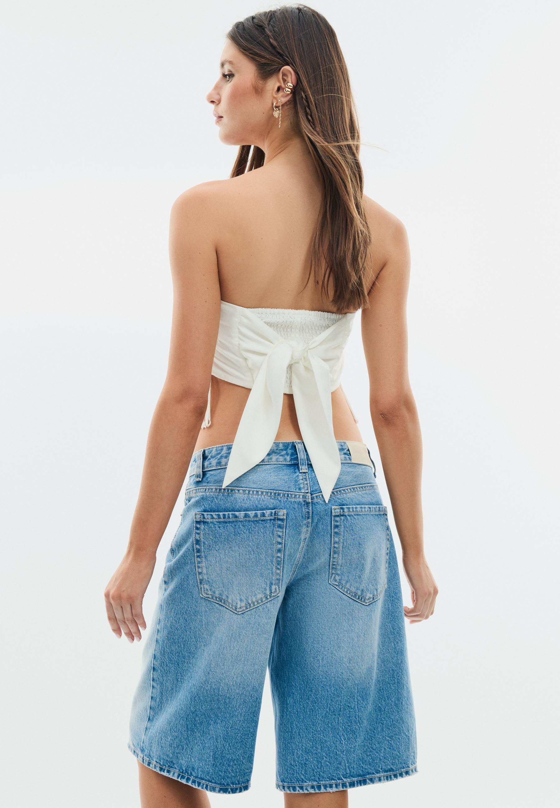 Embroidered fringe bustier top — White