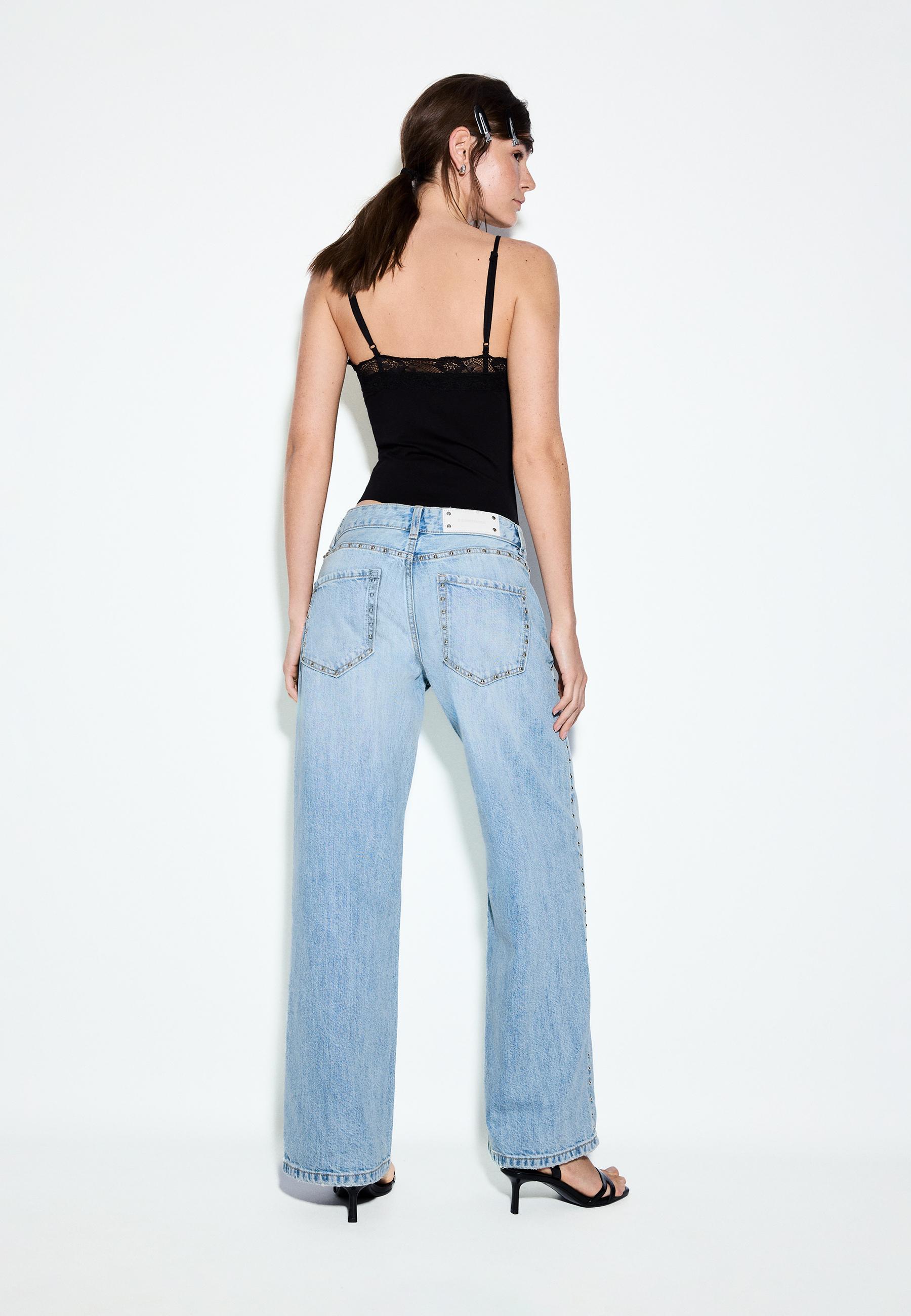 Wide-leg loose studded jeans — MEDIUM LIGHT BLUE DENIM