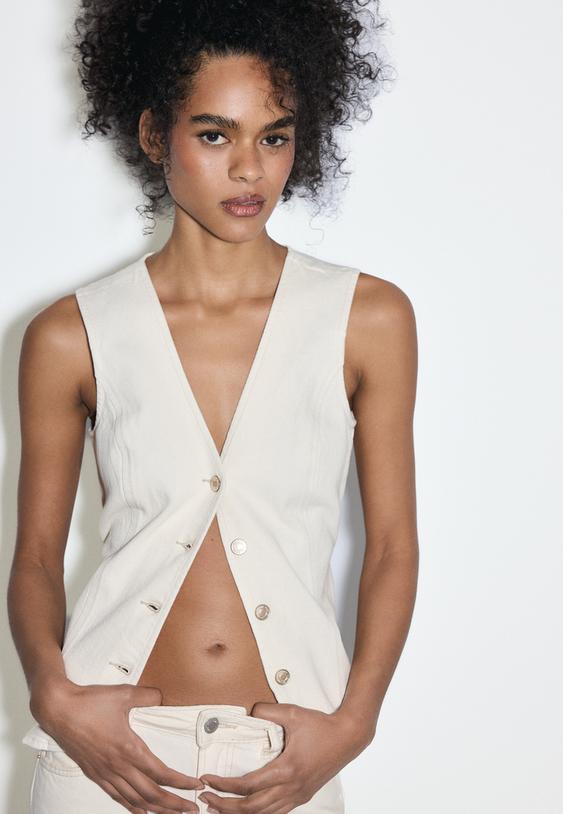 Stradivarius Top En Jean Ajusté Vanille L