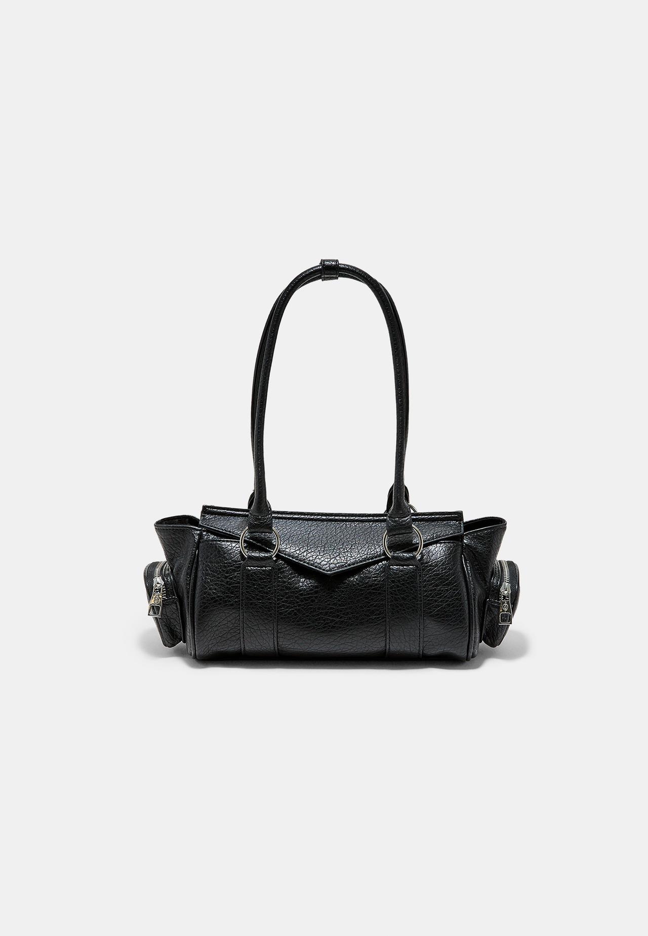 Elongated shoulder bag with pockets — Black