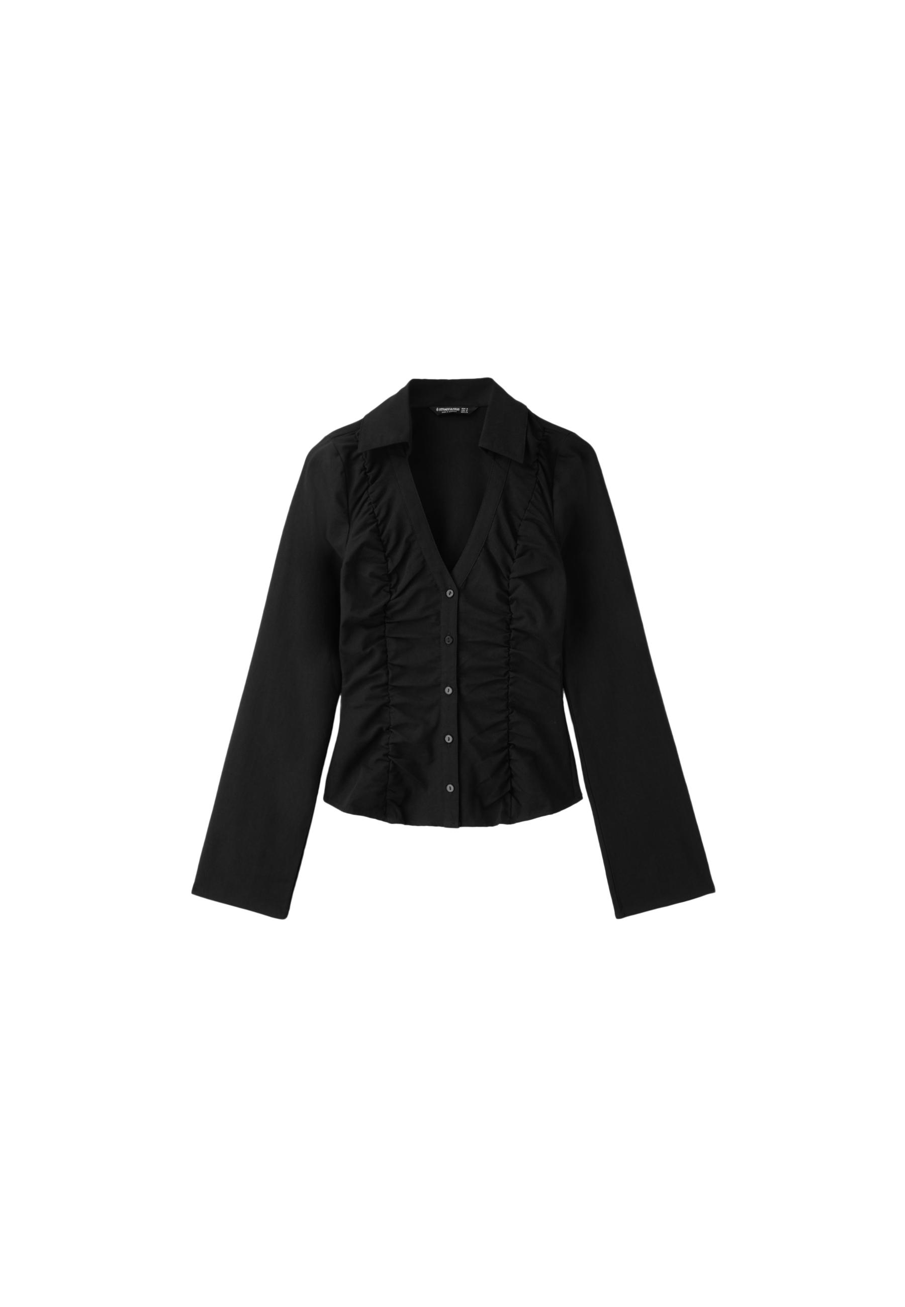 V-neck gathered shirt — Black