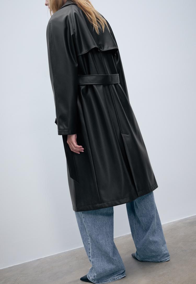 long faux leather trench coat