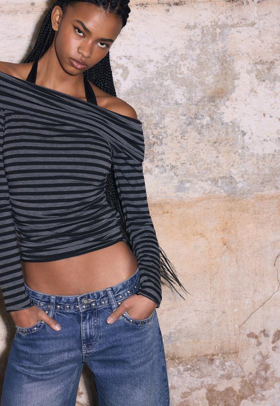 Stradivarius Studded Baggy Jeans Medium Light Blue Denim 12