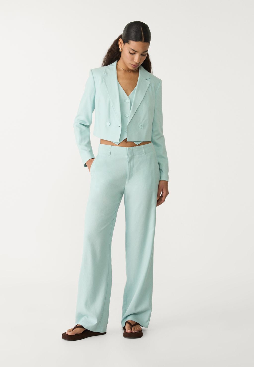 Flowing linen blend straight-leg trousers