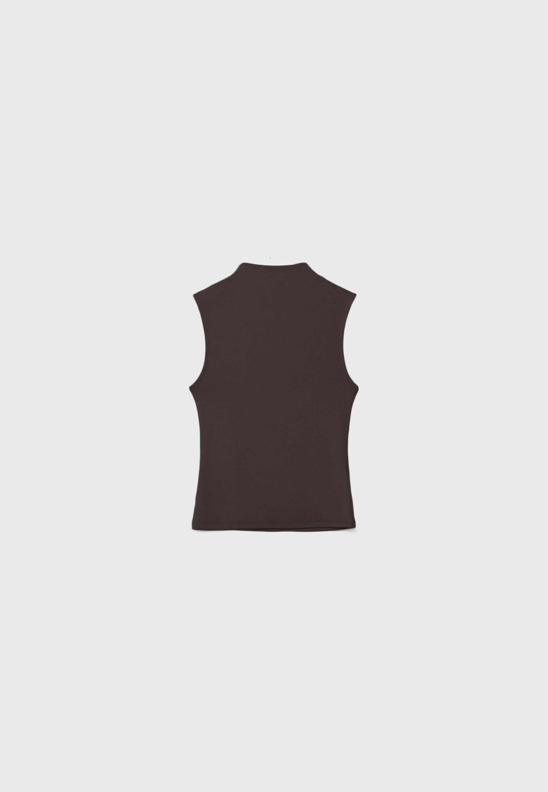 Sleeveless funnel neck T-shirt — Brown