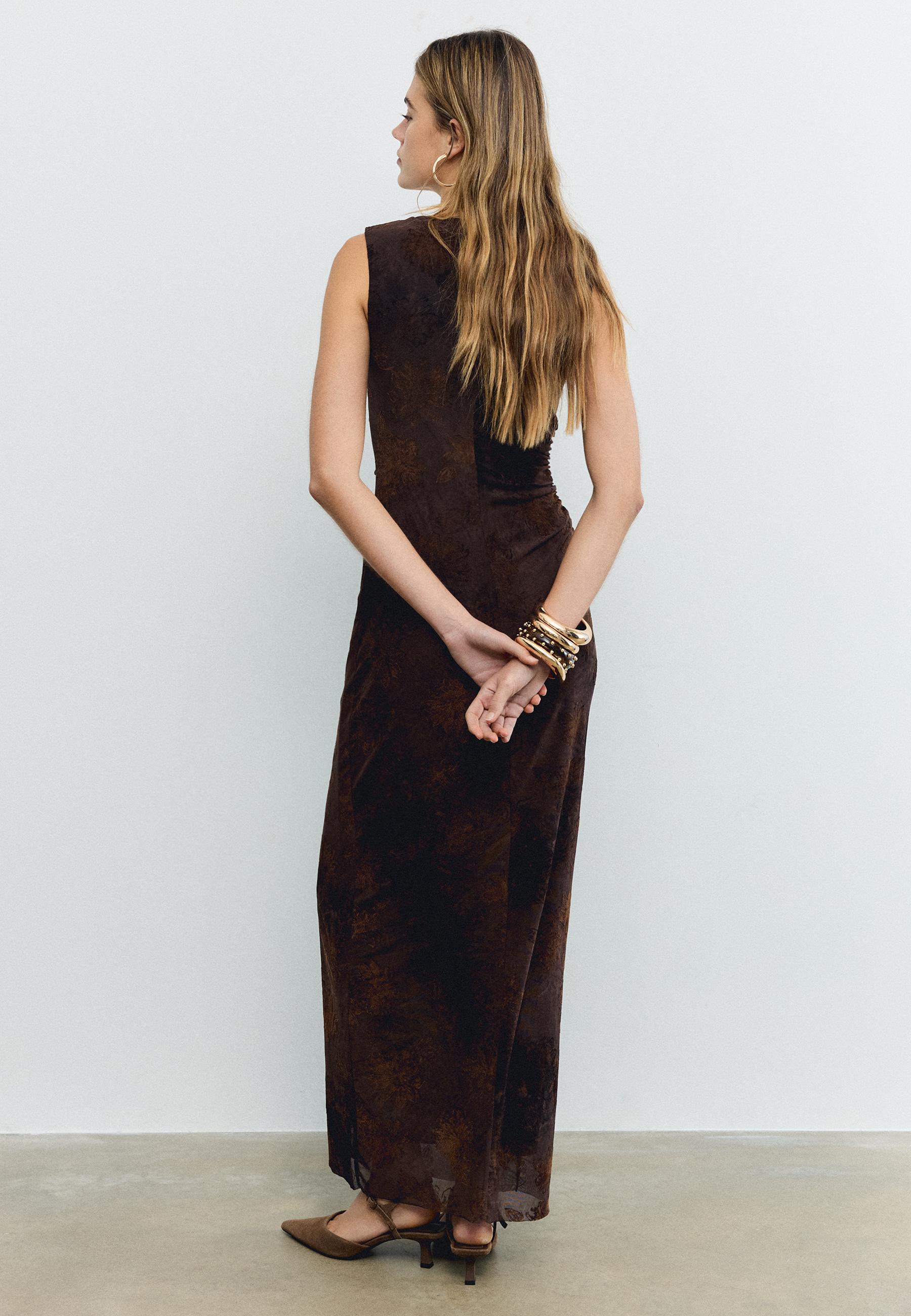 Tulle midi dress with square neckline — Brown