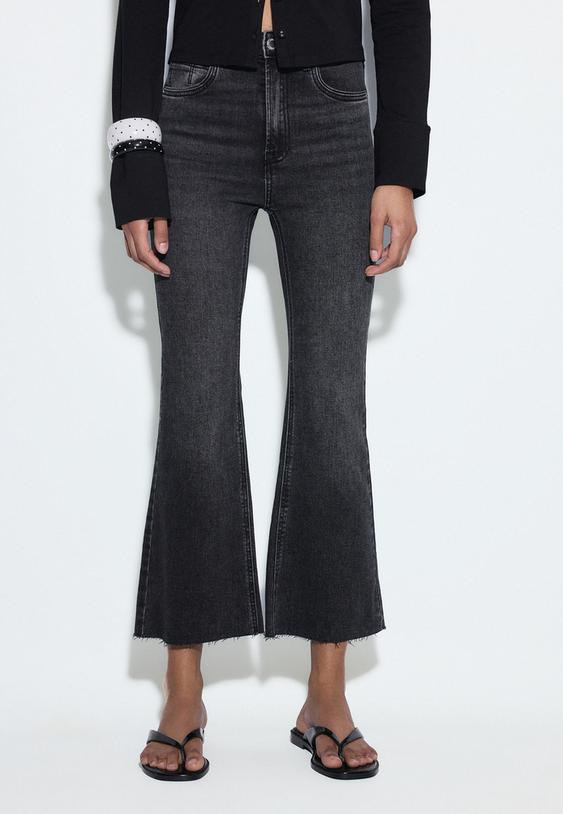 Stradivarius D78 Jean Cropped Flare Noir Désencollé Délavé 38