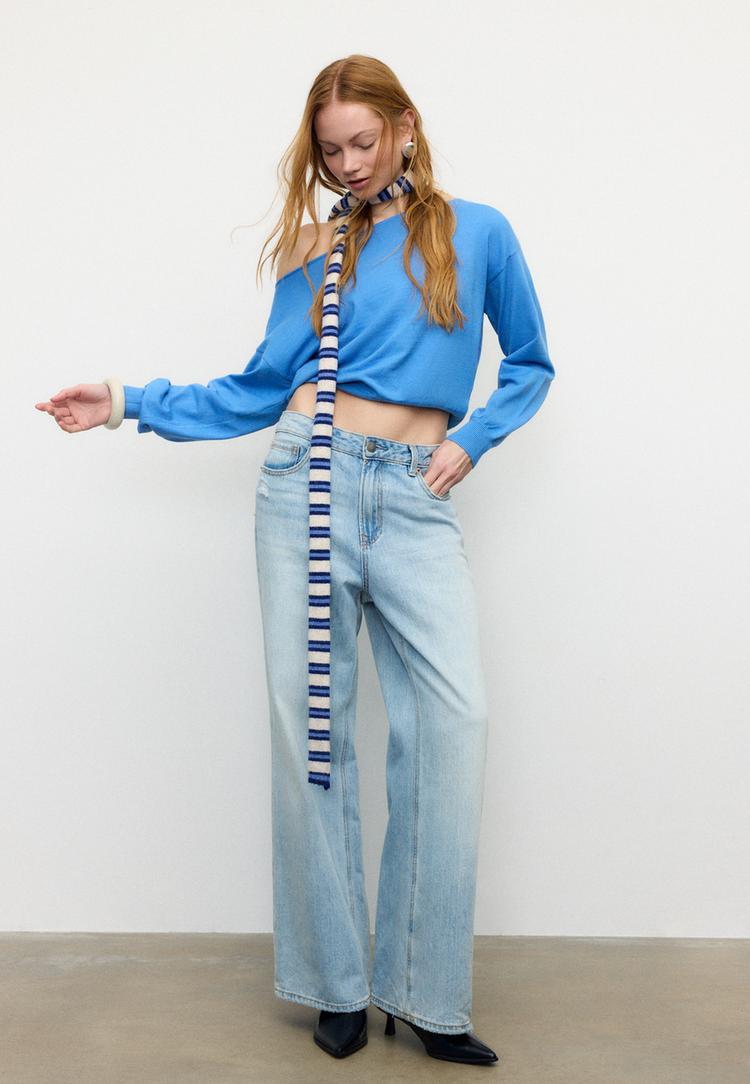 Stradivarius Asymetrický Úpletový Svetr Royal Blue Xl