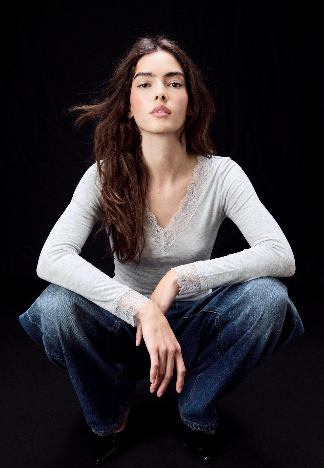 Cashmere V-neck long sleeve T-shirt — Grey melange