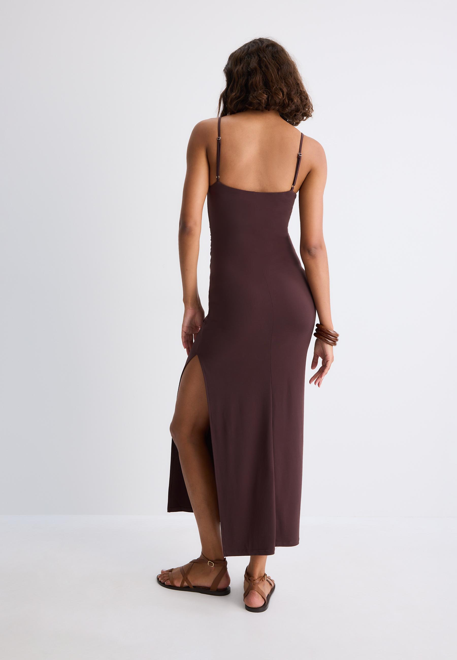 Gathered strap midi dress — Brown