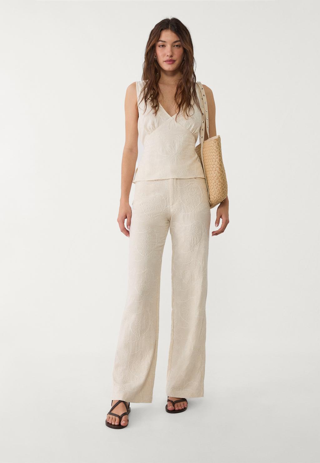 Linen blend embroidered straight-leg trousers