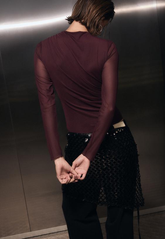 Stradivarius Ruched Tulle Bodysuit Purple Xs