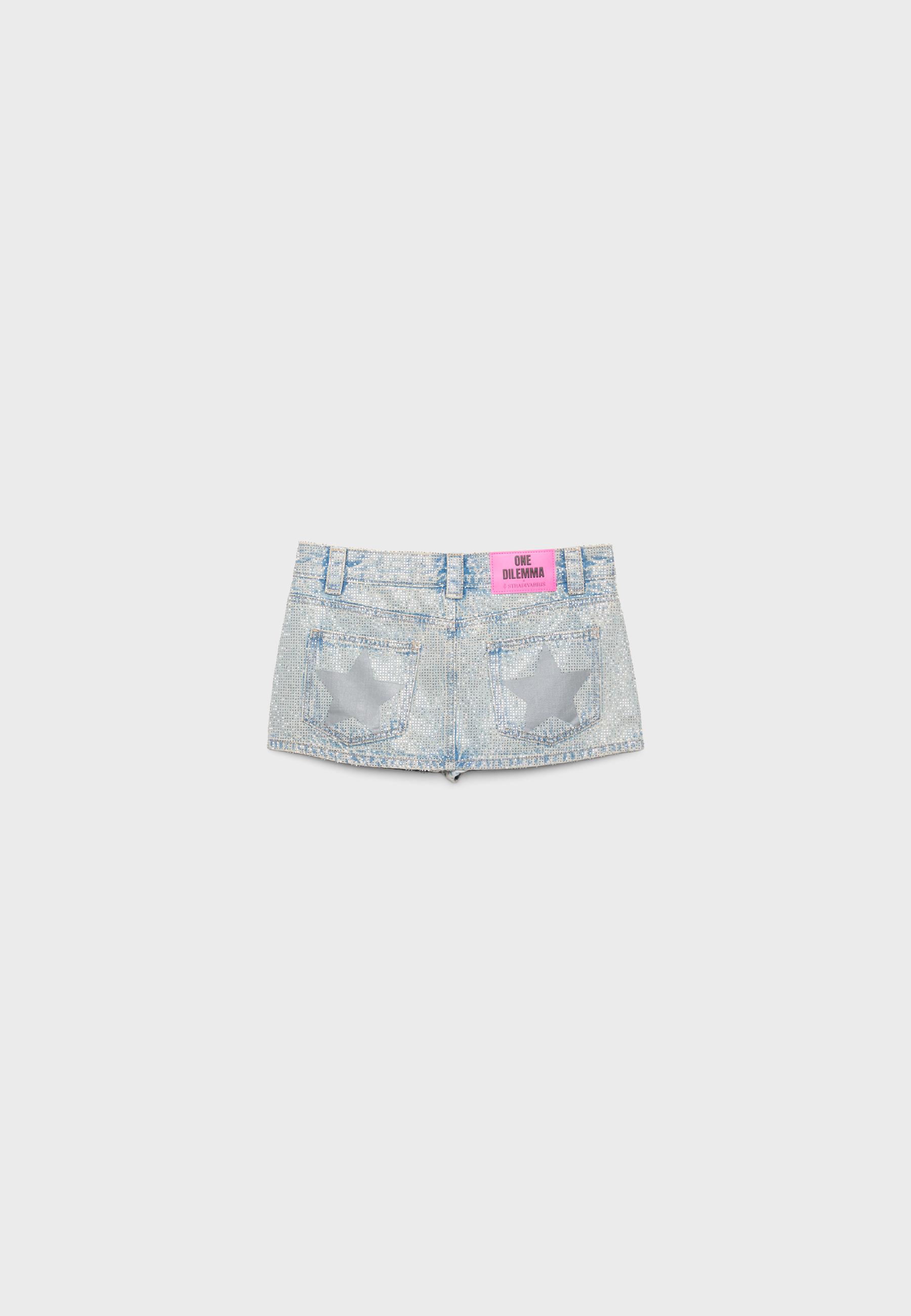 One Dilemma denim skort with rhinestones — OVERDYED BLUE DENIM