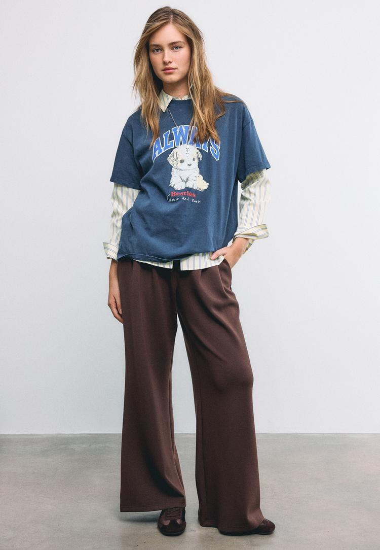 Stradivarius Κοντομάνικη Μπλούζα Με Σχέδιο Και Απλικέ Navy Blue S