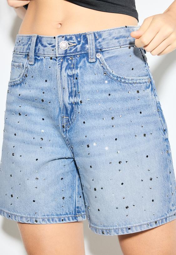 Stradivarius Bermude Din Denim Cu Sclipici Efect Prespălat Denim Albastru Mediu Deschis 38