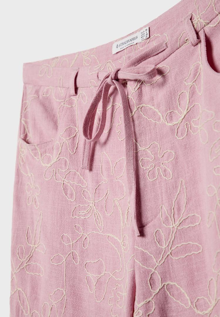 Keten karışımlı işlemeli straight fit pantolon_2
