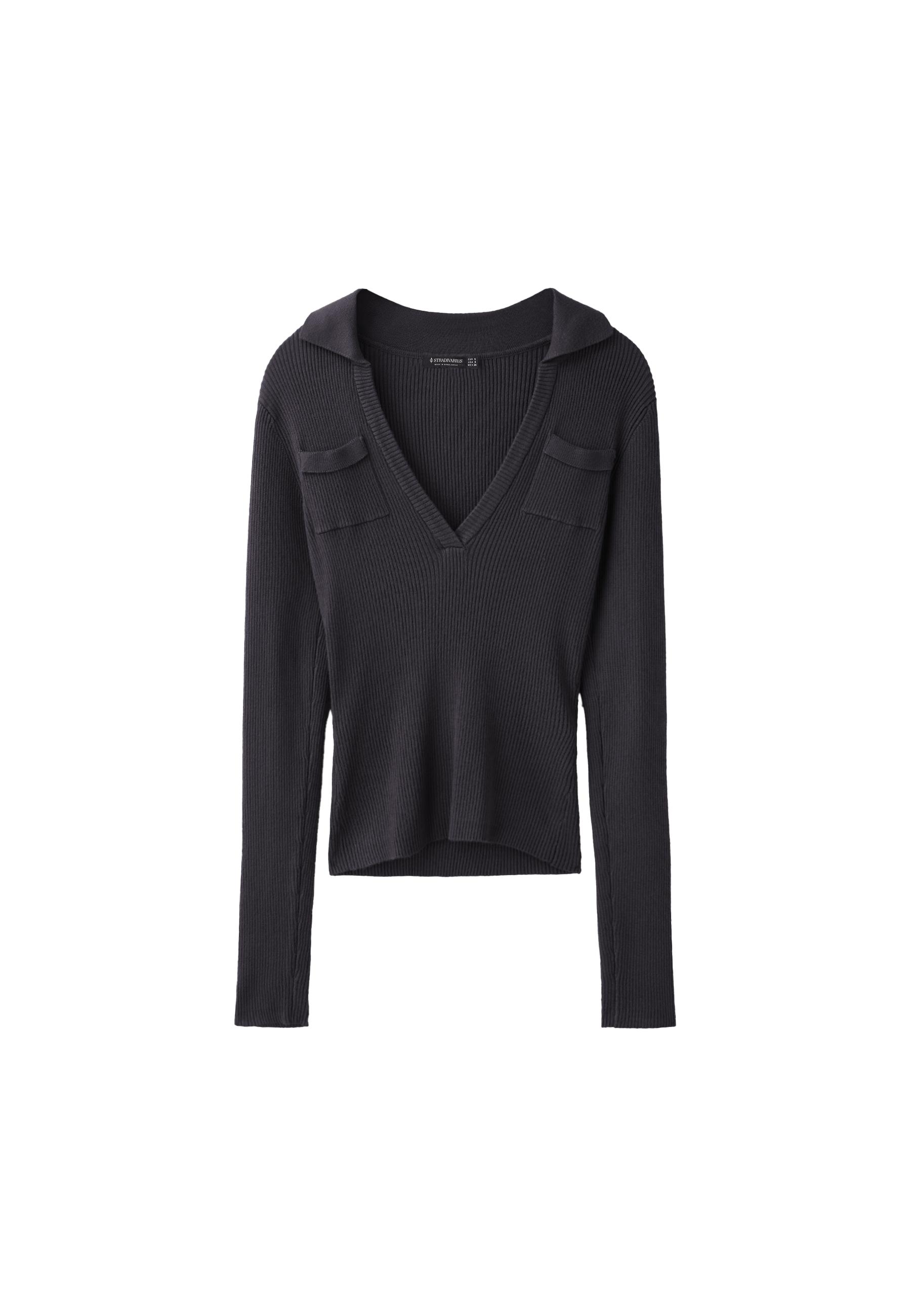 Polo collar knit jumper with pockets — Dark grey