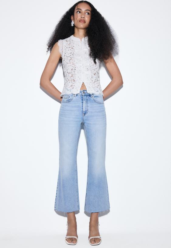 Stradivarius D78 Jean Cropped Flare Denim Bleu Clair Délavé 40
