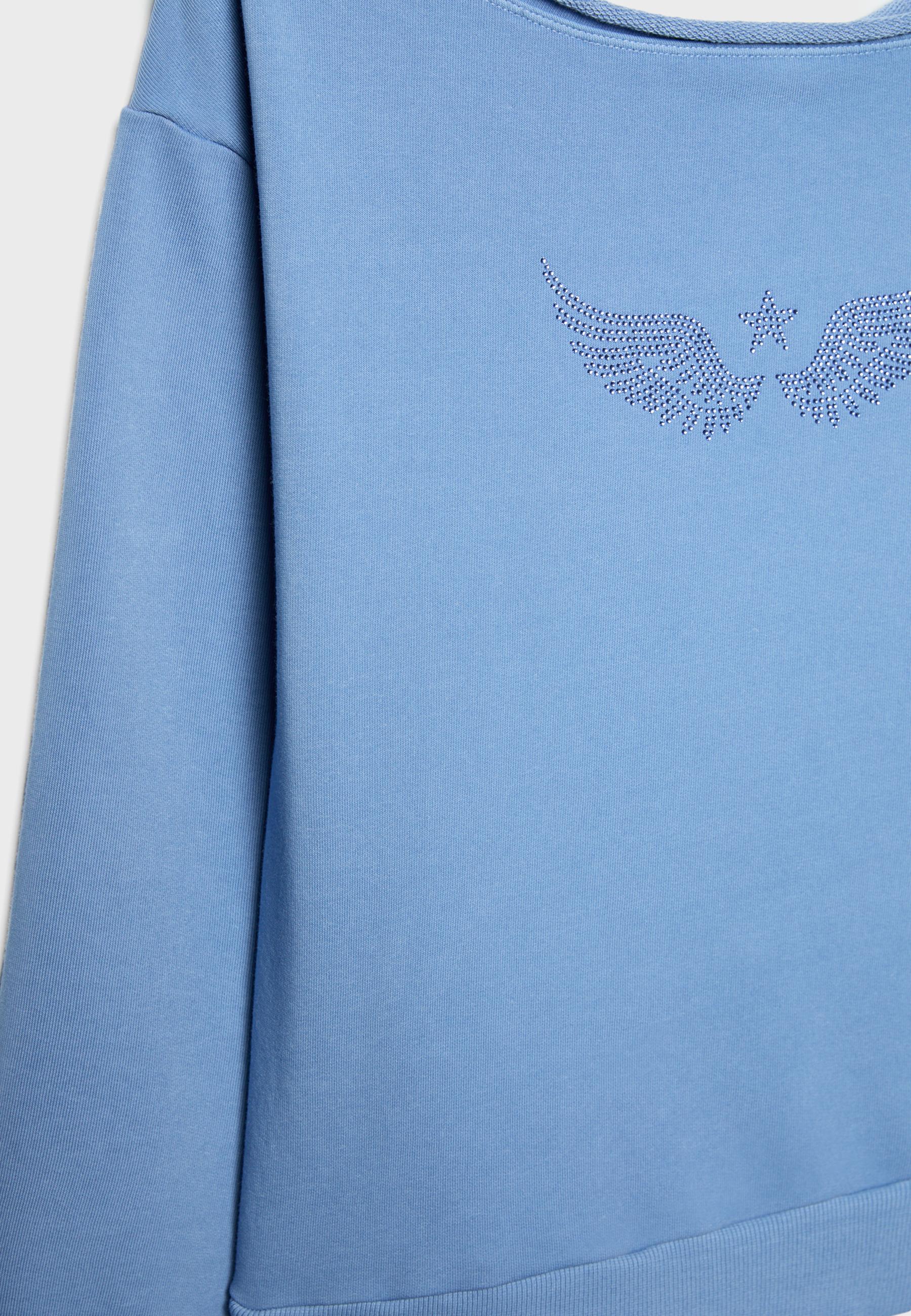 Boat neck sweatshirt with rhinestone wings — Sky blue