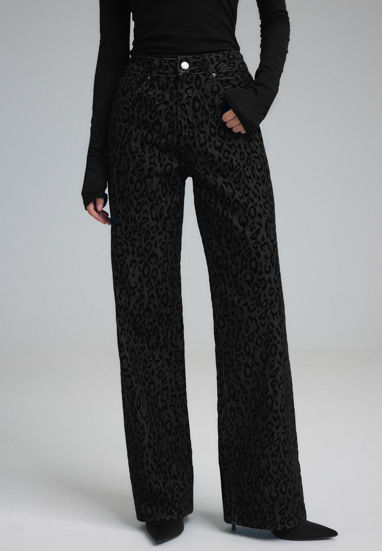 Flocked leopard print jeans — BLACK DENIM WASHED EFFECT
