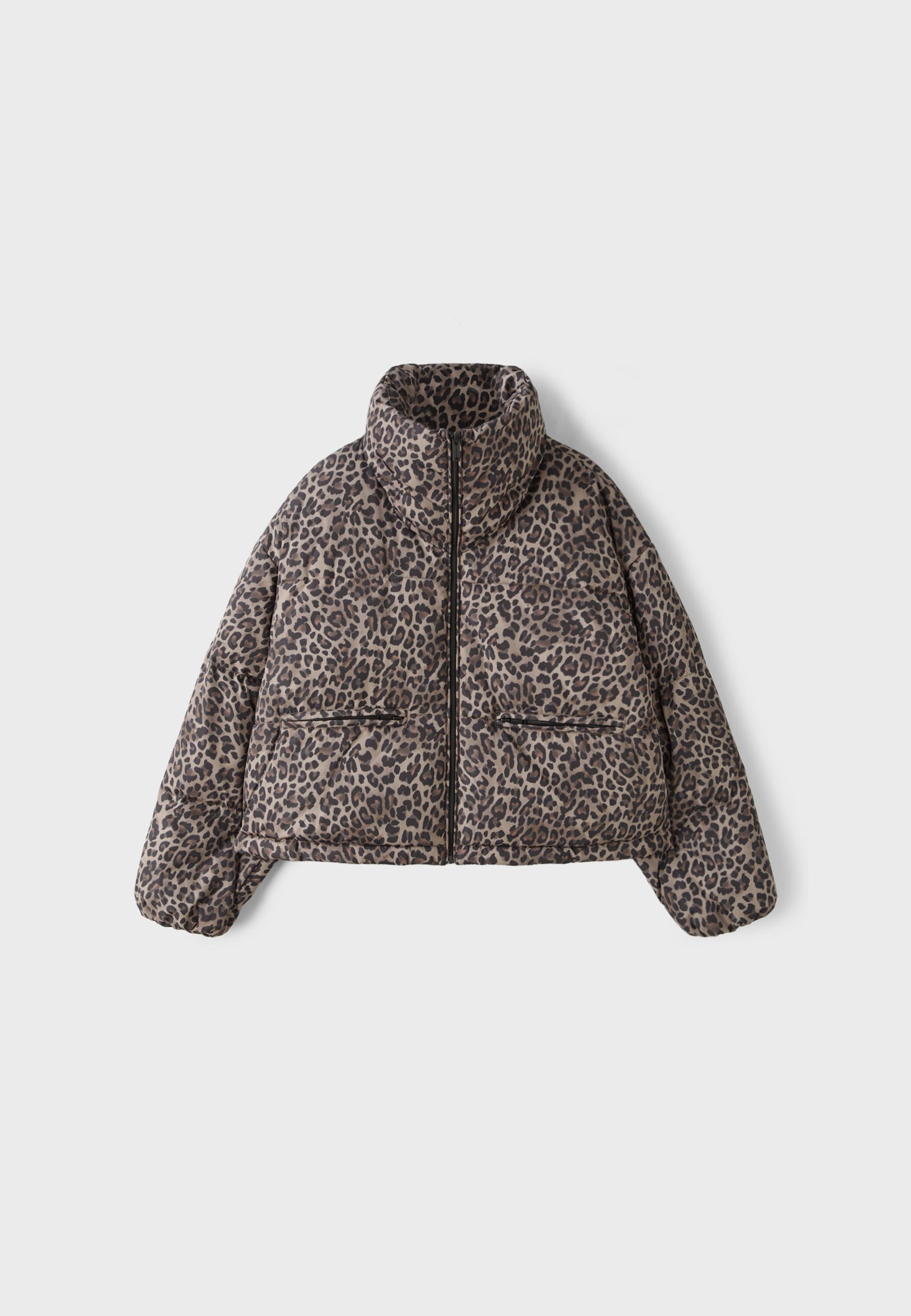 Animal print high-neck padded cropped jacket — Mid beige
