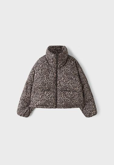 Animal print high neck cropped puffer jacket — Mid beige 7