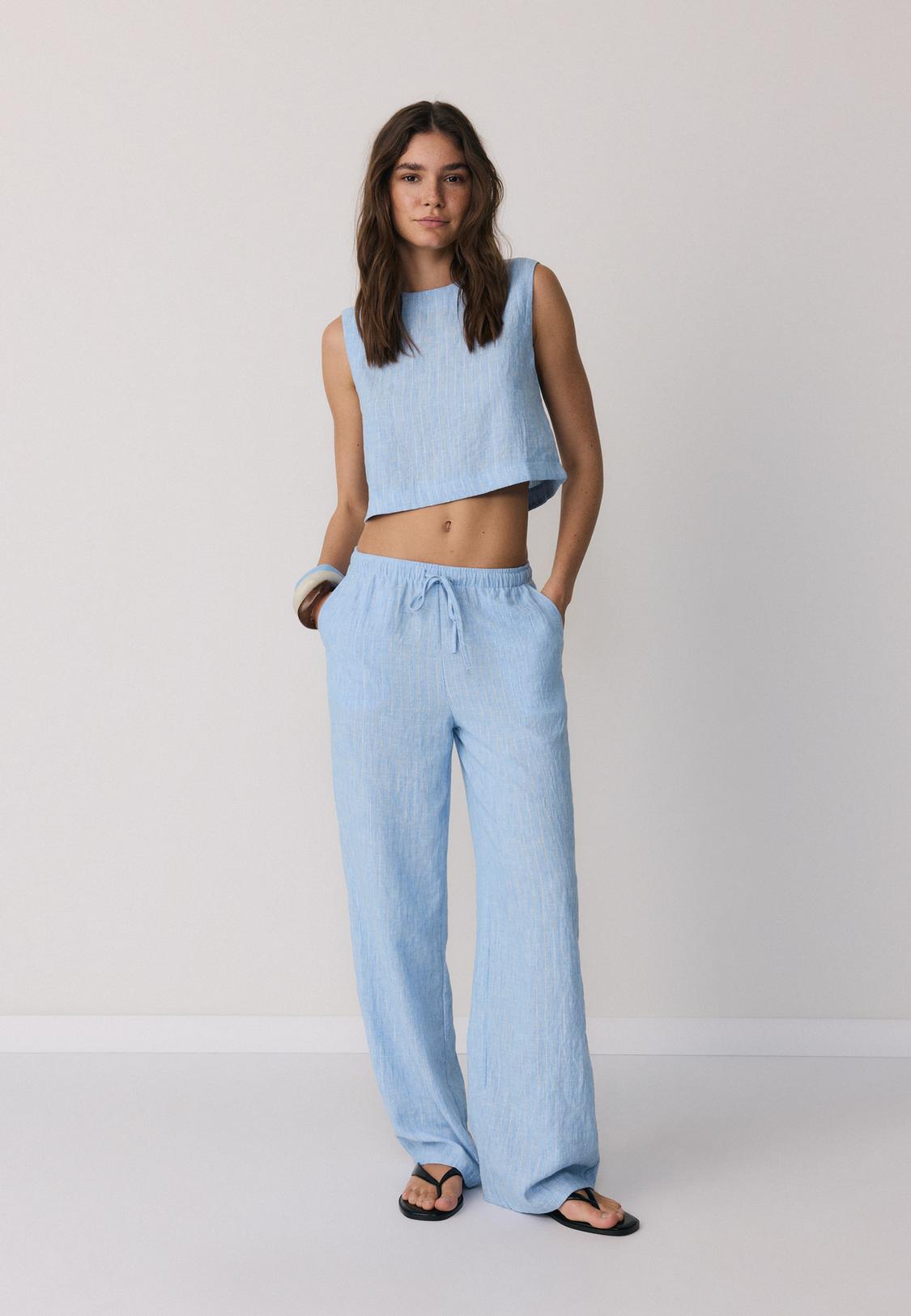 Pantalon Large Femme FLAX 100% Lin – Taille L, Bleu Clair, Taille élastique, Occasion