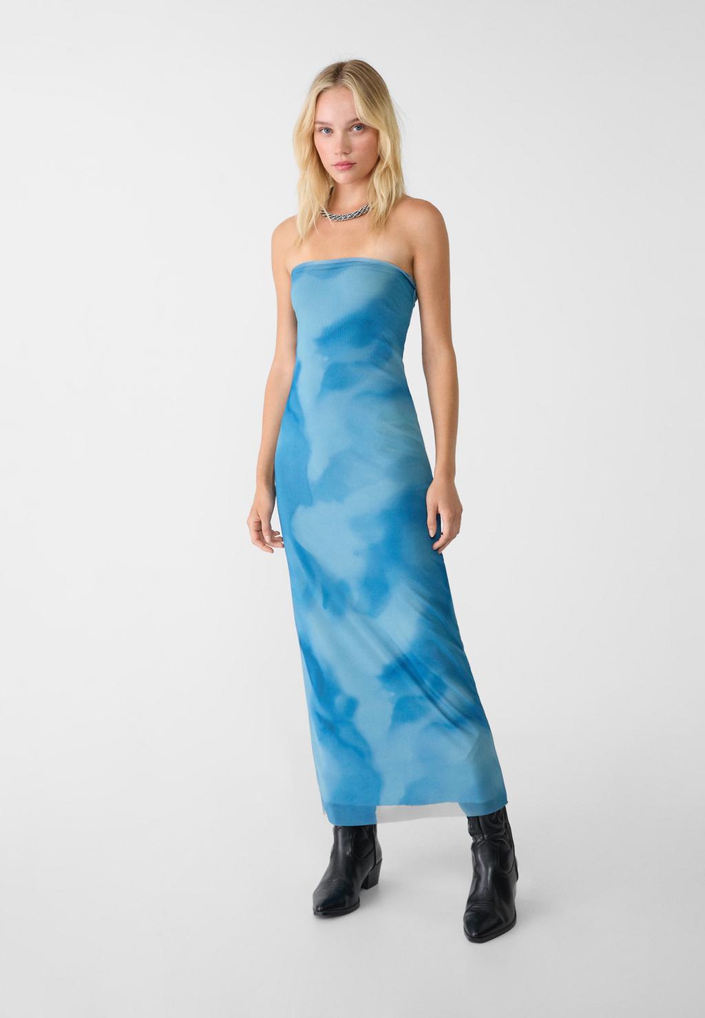 Printed strapless tulle dress